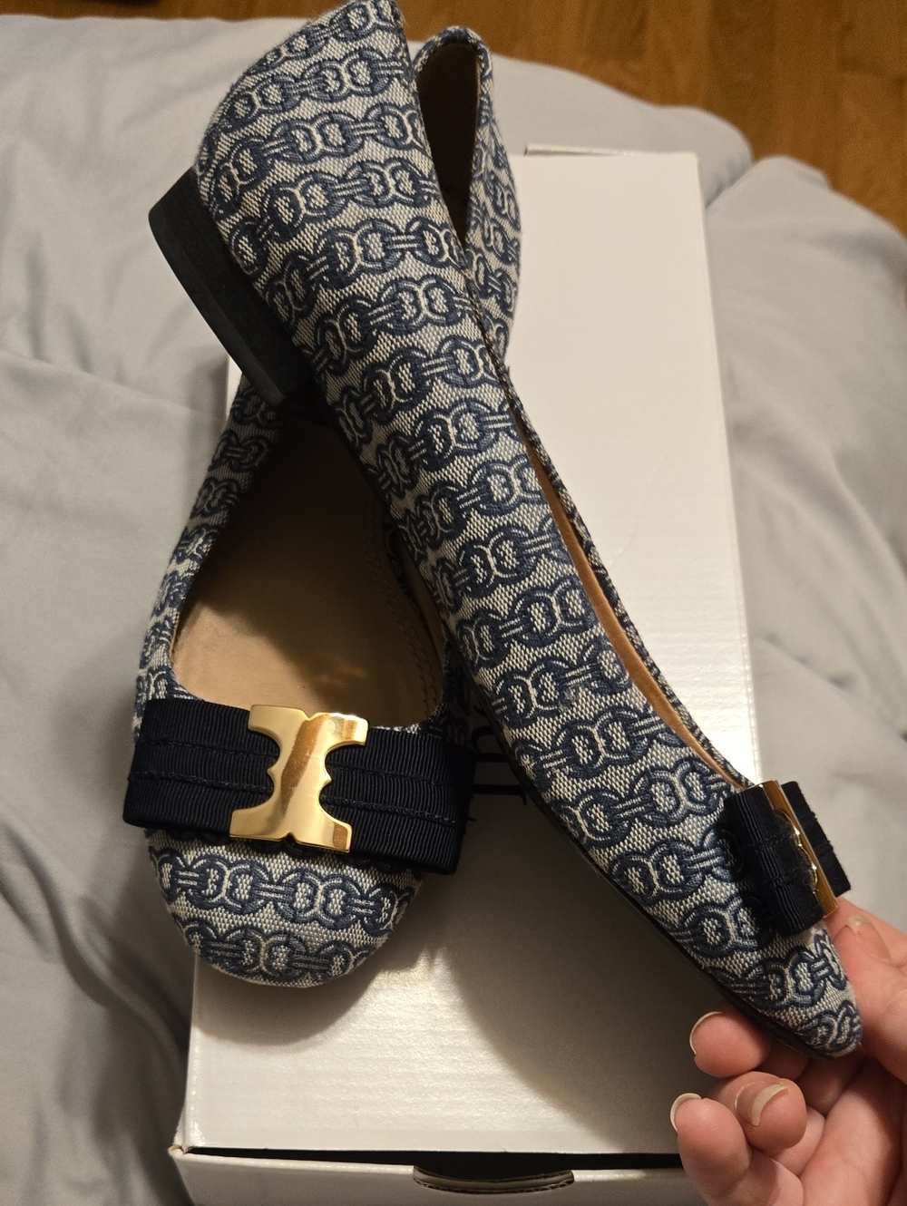Tory Burch Blue Patterned Logo Ribbon Flats with Gold Hardware - Picture 2 of 3